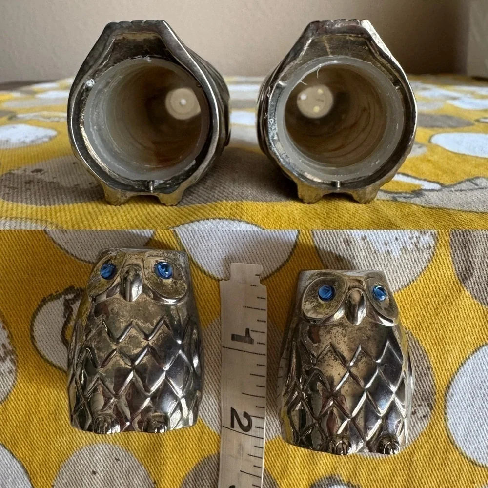 Vintage pewter owl with blue rhinestone eye salt and pepper shaker set